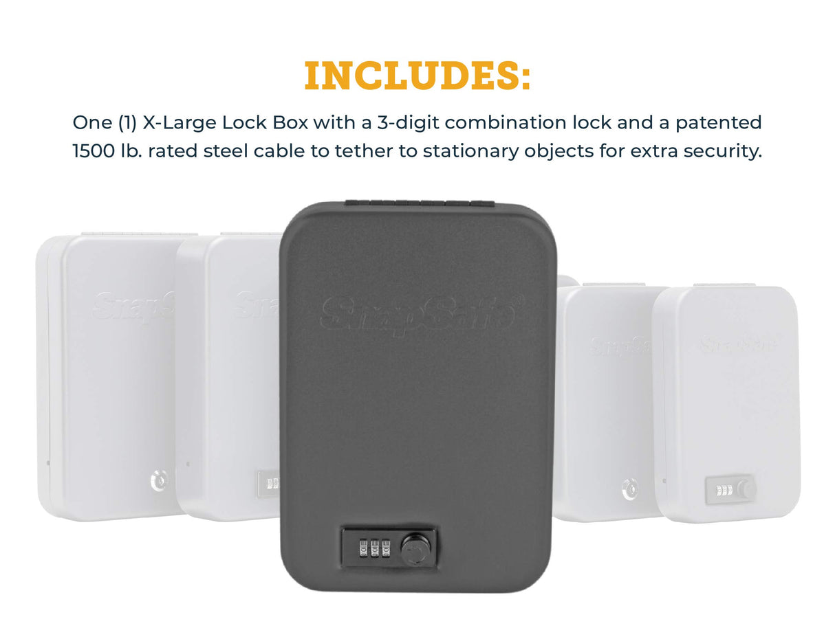 SnapSafe Portable Combination Lock Box for Guns and Valuables - Includes Lock Box (with 3-Digit Combination Lock) and Patented Security Cable - an Ideal Car Gun Safe - XL, 10 x 7 x 2 Inches SnapSafe