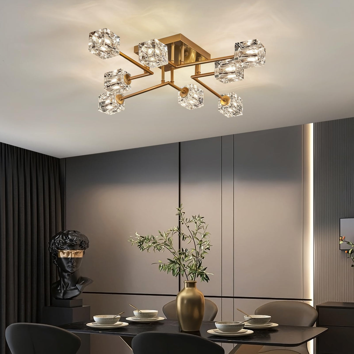 Qgiytp Vintage Gold Semi Flush Mount Ceiling Light 8-Light Glass Sputnik Chandeliers Mid Century Modern Crystal Ceiling Light Fixture for Living Room Dining Room Bedroom Kitchen Foyer Qgiytp