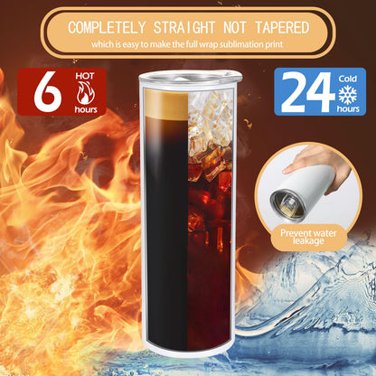 YOUKE OLA 16 Pack Sublimation Tumblers Flat Edge Blanks Skinny Straight Bulk 20 oz, Stainless Steel Double Wall Insulated Sublimation with Straw & Lids for Heat Transfer, White