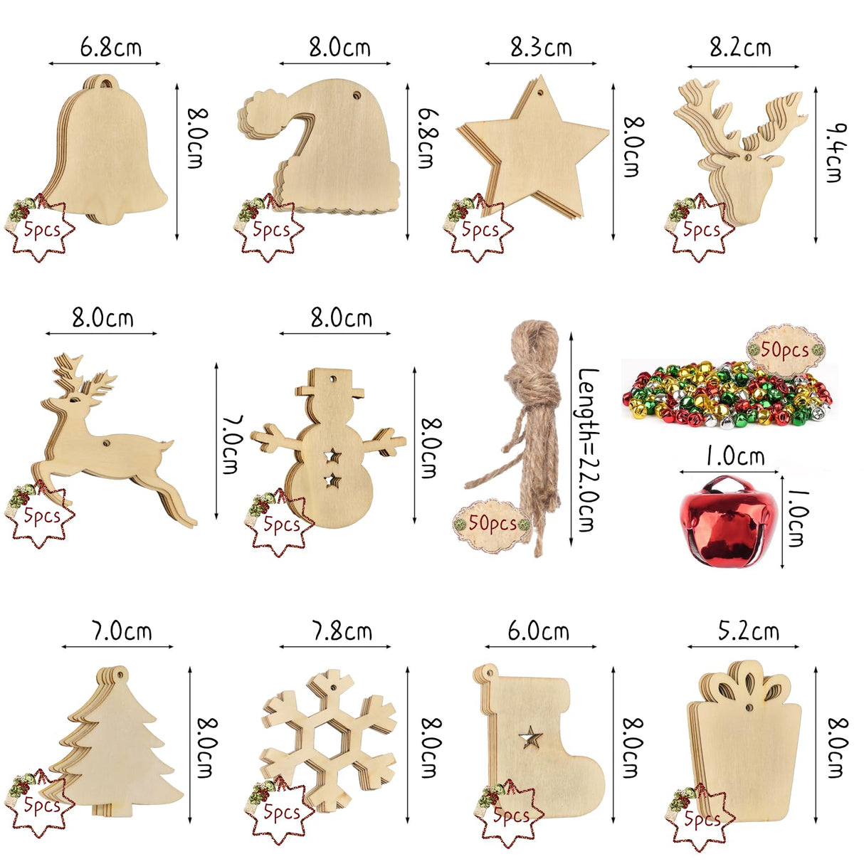 50pcs Christmas Wooden Ornaments for Crafts, 10 New Styles Unfinished Wood Slice Ornaments, Wooden Christmas Ornaments to Paint, Christmas Tree Hanging Ornaments Wood Christmas Decoration DIY Crafts Sotipevs