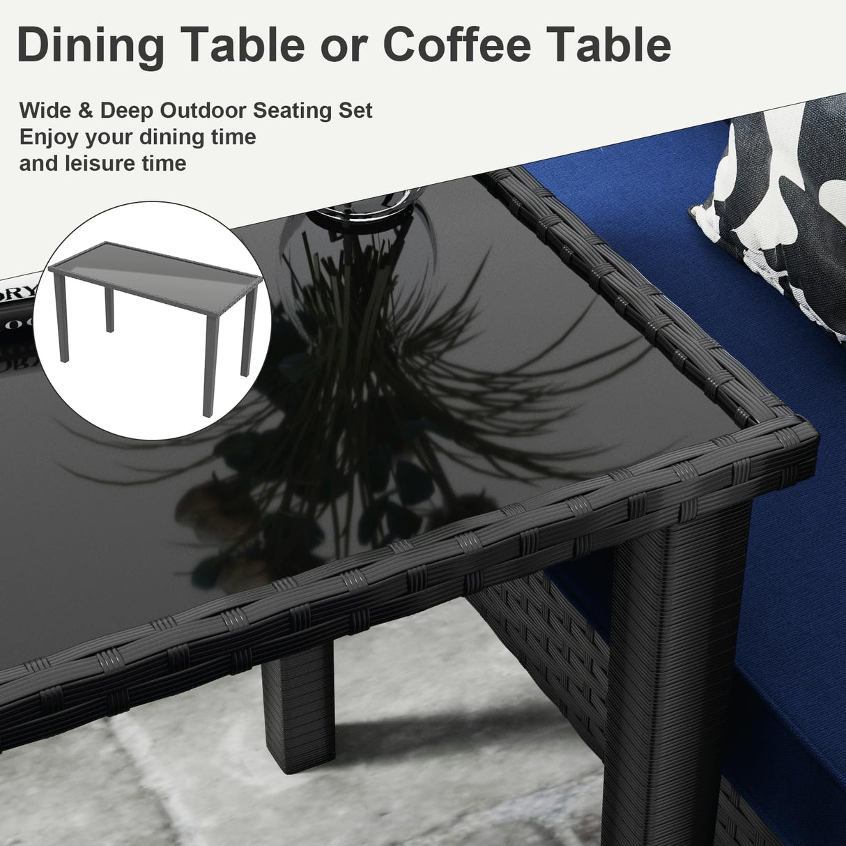 HLNPTN 7-Piece Patio Furniture Set, Outdoor Couch with Dining Table & Ottomans, PE Rattan Sofa Set with Cushions for Deck, Yard, Poolside (Blue) HLNPTN