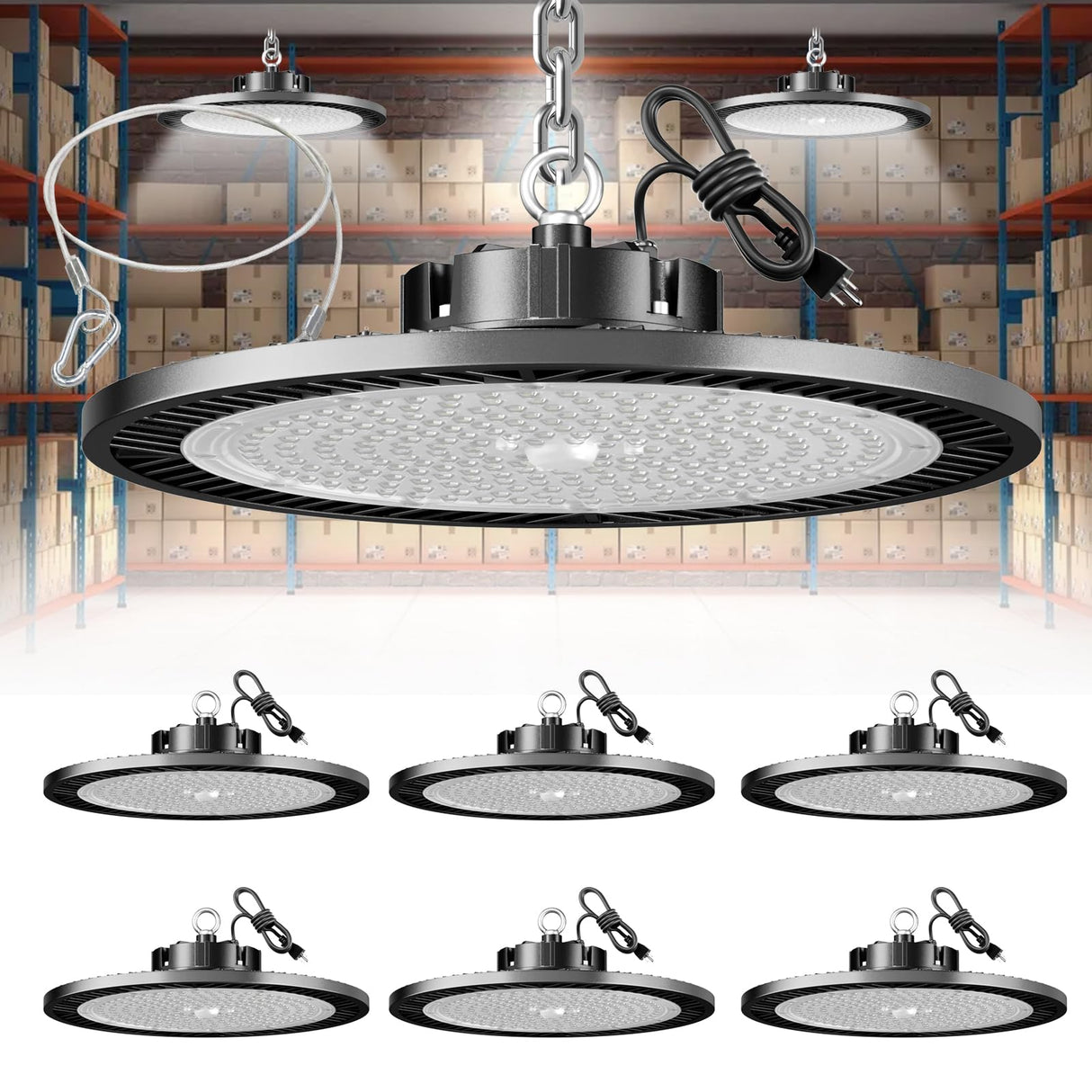 ELEKICO Super Bright 250w UFO LED High Bay Light 35000lm with Plug 5ft Cable (Eqv.1000w Mh/Hps/Hid),5000k High Bay Led Shop Lights Garage Lighting for Garage Factory Workshop Warehouse Barn -6pack ELEKICO