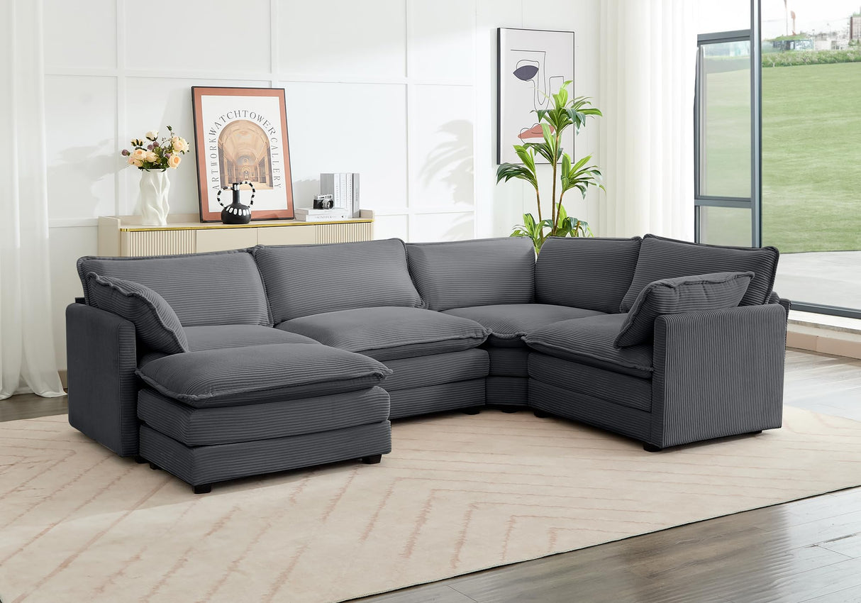 ROWHY 113'' Modular Sectional Cloud Couch, 5 Seater Corner Sofa Big Comfy Corduroy Oversized L Shaped Couch with 2 Pillows, Ottoman, Deep Seat Sectional Couches for Living Room Office, Dark Grey ROWHY