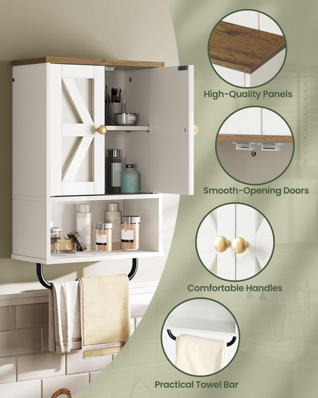 CHOEZON Bathroom Wall Cabinet, Medicine Cabinet with Open Partition and Towel Bar, Rustic Storage Cabinet with Open and Hidden Storage Space, for Bathroom, Living Room, Kitchen, White and Walnut CHOEZON