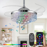 Zynfandor 48" Bluetooth Ceiling Fan with Light and Speaker,RGB Retractable Blades Crystal Fandelier Music Player LED Chandelier 6-Speed APP Control Timer Remote Control for Bedroom Silver Zynfandor