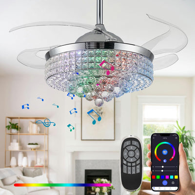 Zynfandor 48" Bluetooth Ceiling Fan with Light and Speaker,RGB Retractable Blades Crystal Fandelier Music Player LED Chandelier 6-Speed APP Control Timer Remote Control for Bedroom Silver