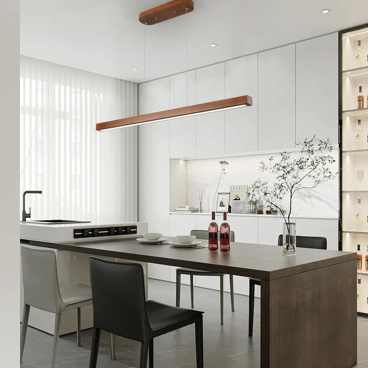 YISDESIGN 39" Wood Linear Pendant Light Modern LED Dimmable Ceiling Hanging Light Fixture Wood Linear Chandeliers 24w for Dining Room Kitchen Island Pool Table Bar Walnut Color (with Remote Control) YISDESIGN