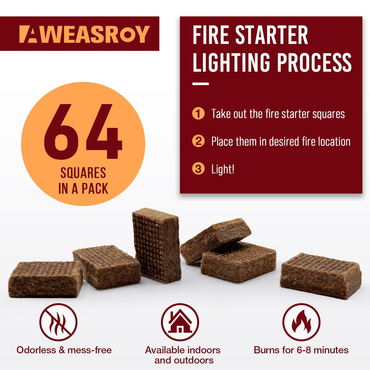 Fire Starter Squares 64 - Fire Starters for Fireplace,Chimney,BBQ Grill,Camping Fire,Wood Stove - Water Resistant and Safe Odourless - Camping Accessories AWEASROY