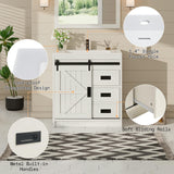 AMERLIFE Farmhouse Bathroom Vanity with Sink Combo, 31in Sliding Barn Door Bathroom Vanity Cabinet Set with Storage Drawers, Metal Handles, Small Single Bath Storage Vanity Sink, Antique White AMERLIFE