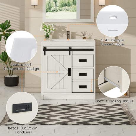 AMERLIFE Farmhouse Bathroom Vanity with Sink Combo, 31in Sliding Barn Door Bathroom Vanity Cabinet Set with Storage Drawers, Metal Handles, Small Single Bath Storage Vanity Sink, Antique White AMERLIFE