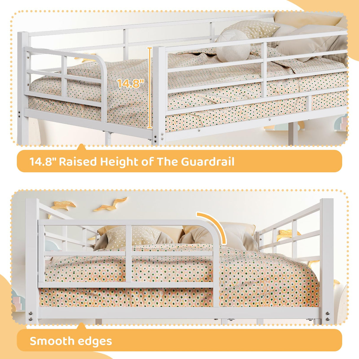 VINGLI Bunk Bed Twin Over Twin with 15 Inches Extra High Guardrail 2 Deckers Bunk Bed with Stairs & Flat Rungs, Heavy Duty Metal Slats, No Box Spring Needed, White VINGLI