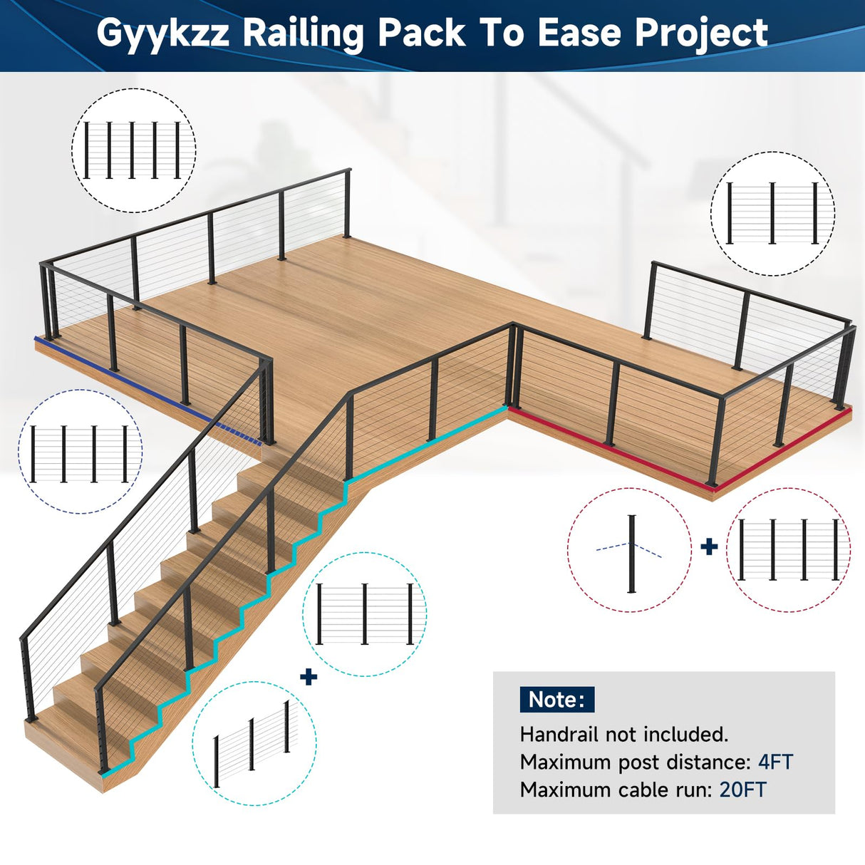 Gyykzz 2 Pack One-Stop Stair Cable Railing Post Kit, 36" Slant Fixed Top Stair Post with 5-Degree Spacers, Stair Railing System Including 2 Stair Post, 125ft Cable, 10 Sets Terminal, 60 Cable Grommets Gyykzz