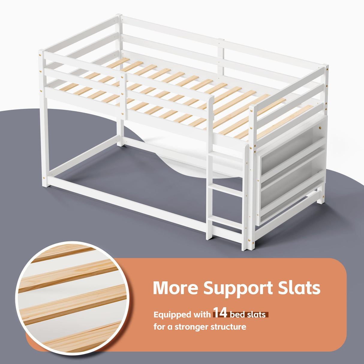 TOLEAD Low Bunk Bed Twin Over Twin, Floor Bunk Bed with Bookshelf&Ladder, Twin Bunk Bed with Full Guardrails, Wooden Bunk Bed for Juniors, Boys, Girls, Kids, Bedrooms (White) TOLEAD