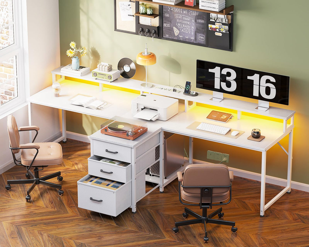 Coleshome 94" Computer Desk with Fabric Drawers & File Cabinet- 2 Person Home Office Desks with Power Outlet & LED Light, Long Writing Desk with Monitor Stand, Storage Shelves, Study/Work Table, White Coleshome