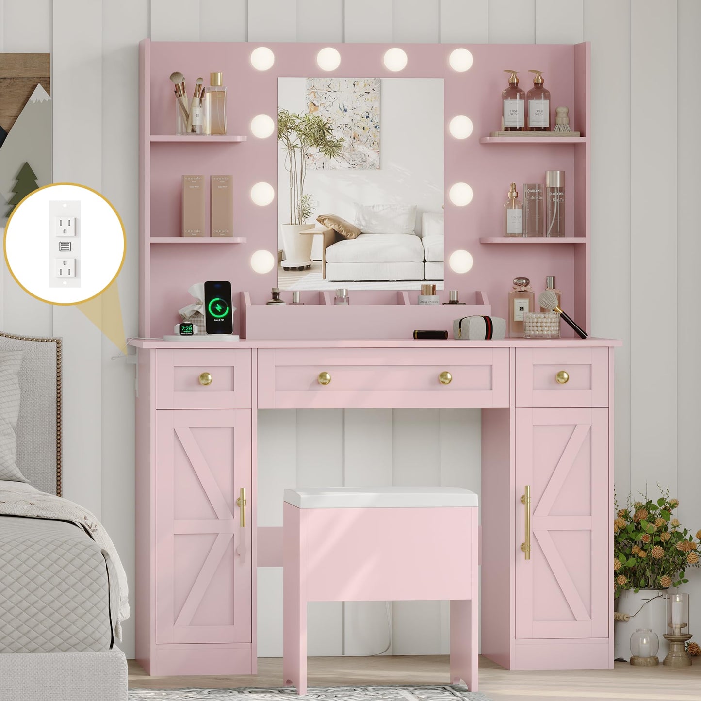 Vanity Makeup Desk with Mirror and Lights, Farmhouse Vanity Table Set with Storage Drawers, Charging Station & Chair, 43" Large Rustic Dressing Table, 3 Lighting Modes for Women Girls Bedroom, Pink