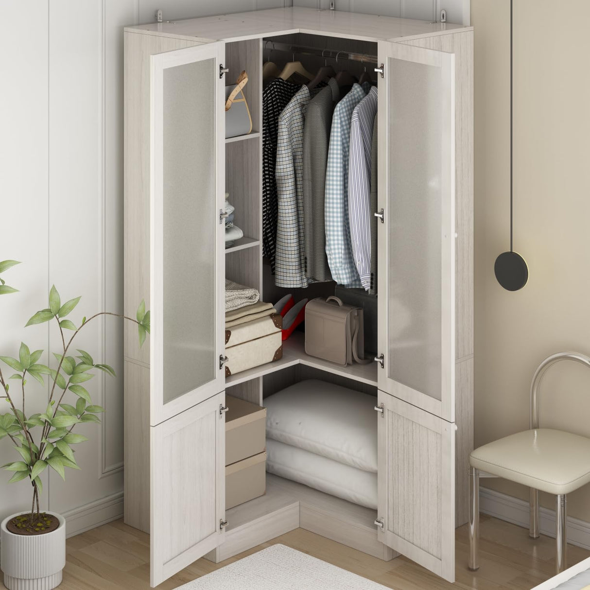 Hitow Corner Wardrobe Cabinet, Wooden Armoire Closet with Frosted Glass Doors, Bedroom Wardrobe with Shelves & Hanging Rod for Storage Organize, Wood Grain (35.4" W x 35.4" D x 70.9" H) Hitow