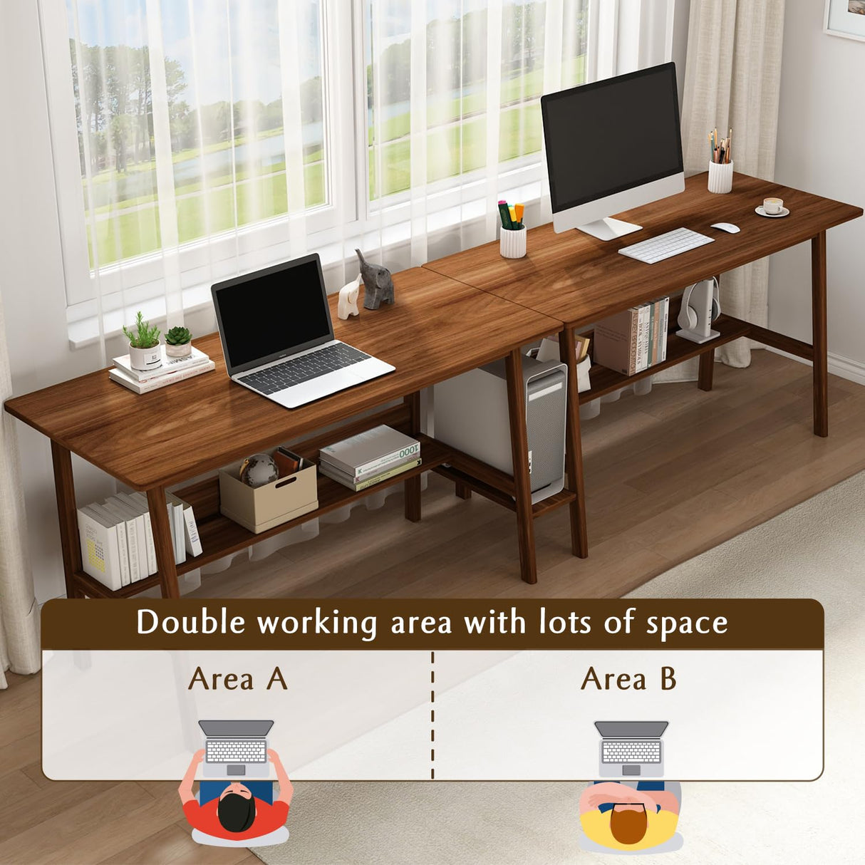 NELYE 2-Person Writing Desk with Bookshelf - 110" Wooden Extra Long Home Office Work Table, Double Study Computer Workstation with Storage Shelves in Walnut, 110" W x 24" D NELYE