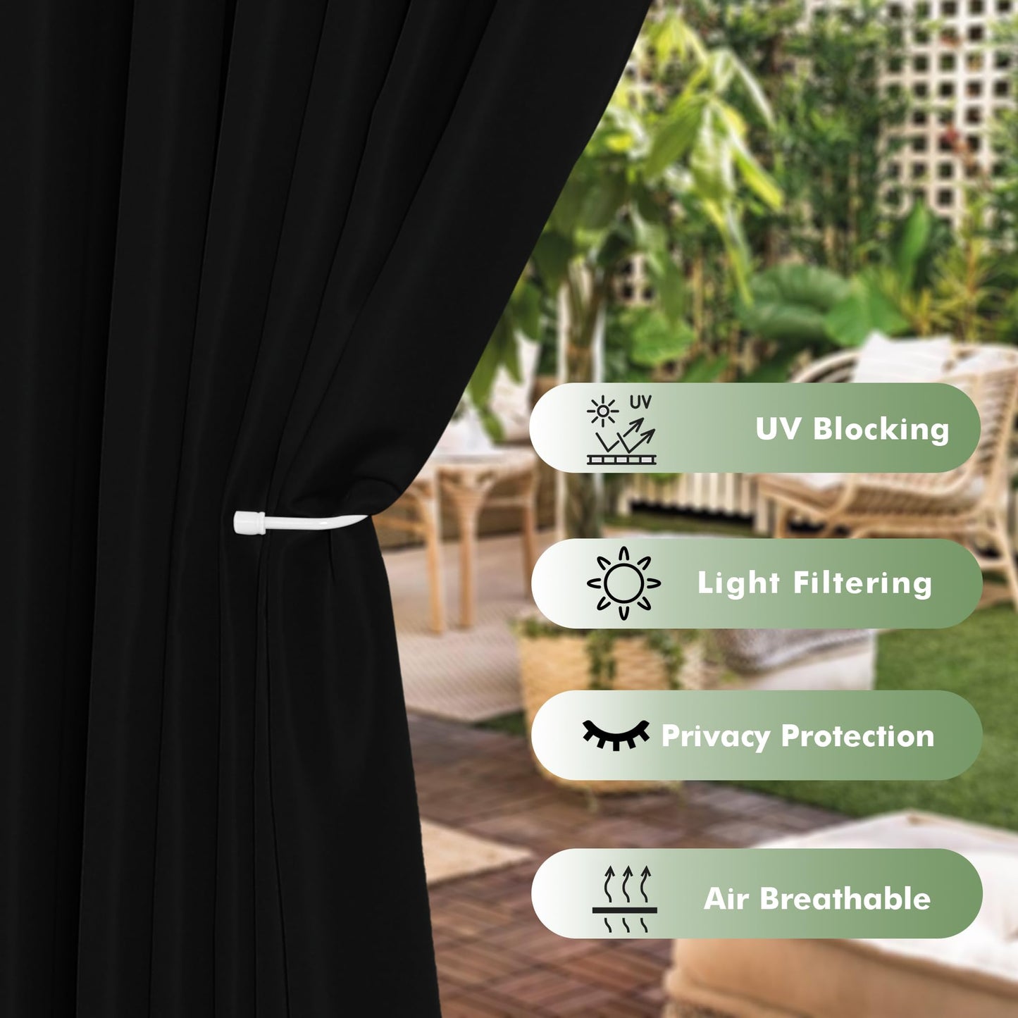 HolidayIdeas Outdoor Curtains for Patio Waterproof, 6 Panels - 54x84 Inches - Weatherproof Privacy Outsides Curtains for Cabana Porch Pergola, Sunlight & UV Blocking (Black, Grommet Top)