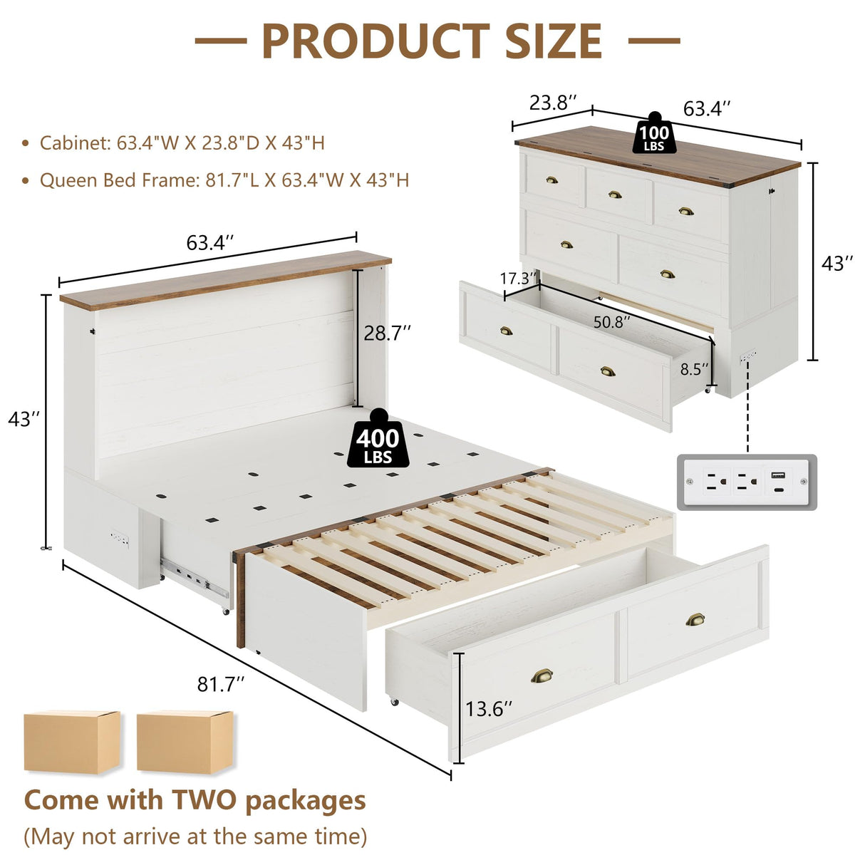 AMERLIFE Queen Size Murphy Bed, Farmhouse Cabinet Bed Frame with Charging Station and Storage Drawer for Bedroom/Office/Guest Room, White+Barnwood AMERLIFE