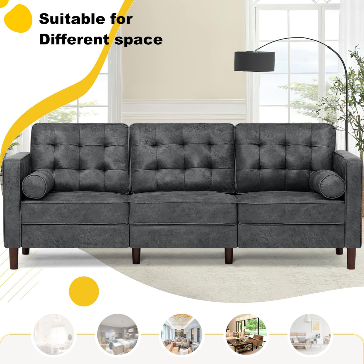 Lesofair 84 Inches Suede Leather Couch with Bolster Pillows, Comfy 3 Seater Sofa with Tufted Back Cushions, Modern Couch with Sturdy Legs for Living Room, Office, Bedroom, Grey Lesofair