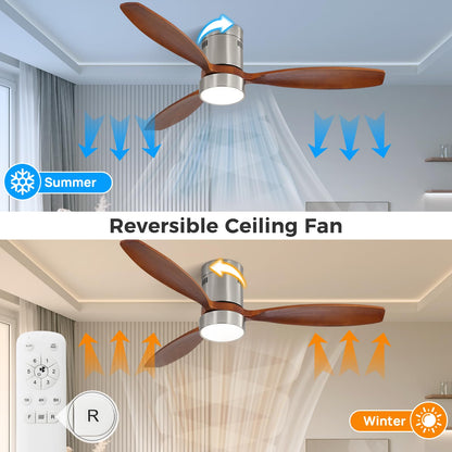 Sofucor 52 Inch Low Profile Ceiling Fan with Lights Remote Control Wood Blades Reversible DC Motor Modern Ceiling Fan for Kitchen, Bedroom, Basement, Dining, Living Room, Dark wood