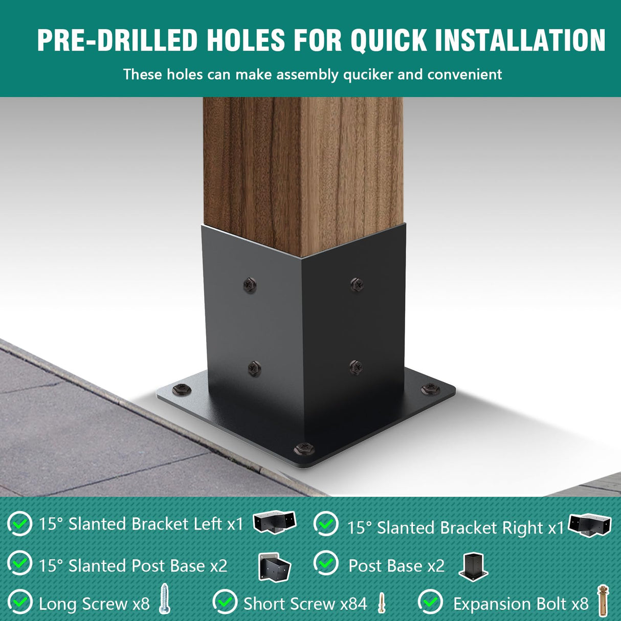 Kinchoix Pergola Brackets, 2 Pack Woodworks Pergola Kit 15° 3-Way Right Angle Corner Bracket with Pergola Post Base for 4x4'' (Actual: 3.5x3.5'') Wood Beams Elevated Wood Stand Kit 6 Pc Kinchoix