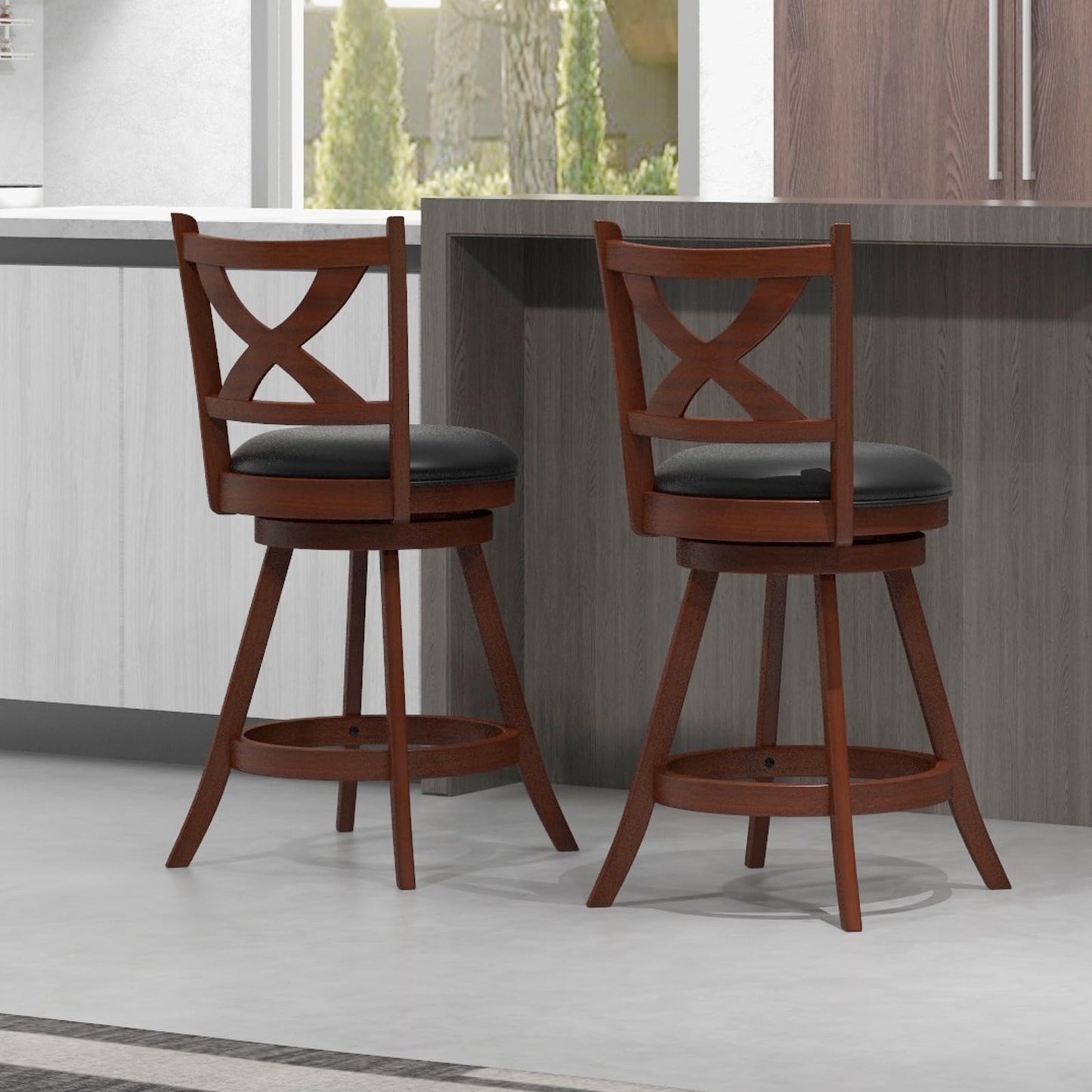 Giantex 24” Bar Stools Set of 4, 360° Swivel Counter Height Stools with Back, Solid Rubber Wood Frame, Leather Padded Seat, Vintage Upholstered Armless Farmhouse Barstools for Kitchen Island  - WoodArtSupply