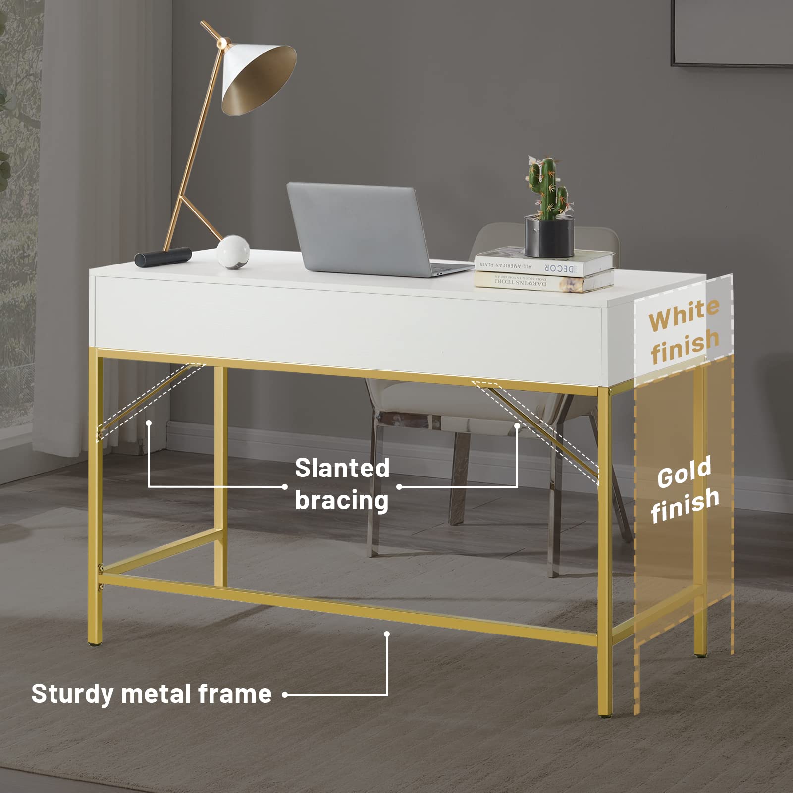 SUPERJARE Vanity Desk with Drawers, 47 inch Computer Desk, Modern Simple Home Office Desks, Makeup Dressing Table for Bedroom - White and Gold - WoodArtSupply