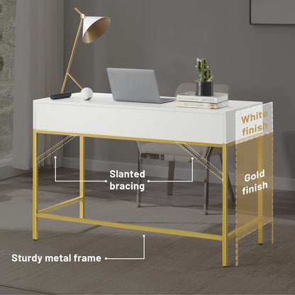 SUPERJARE Vanity Desk with Drawers, 47 inch Computer Desk, Modern Simple Home Office Desks, Makeup Dressing Table for Bedroom - White and Gold - WoodArtSupply