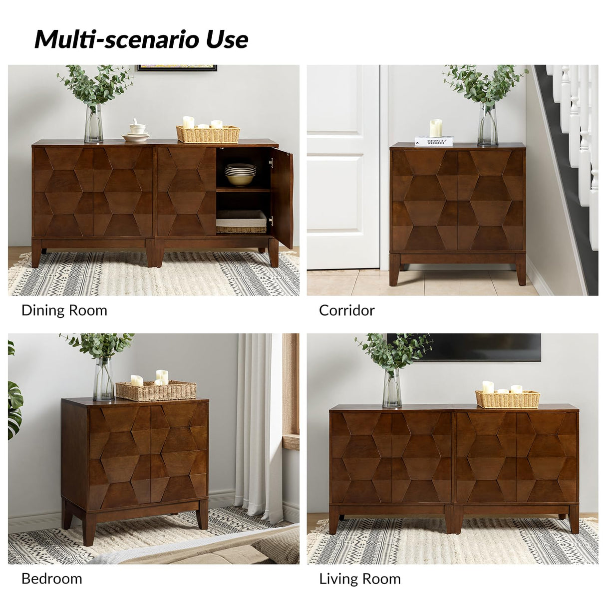 HULALA HOME Modern Buffet Cabinet Kitchen Storage Cabinet with 3D Geometric Design, Free Standing Sideboard Solid Wood Legs Adjustable Shelf, Walnut Accent Cabinet for Living Room Dining Room Hallway HULALA HOME