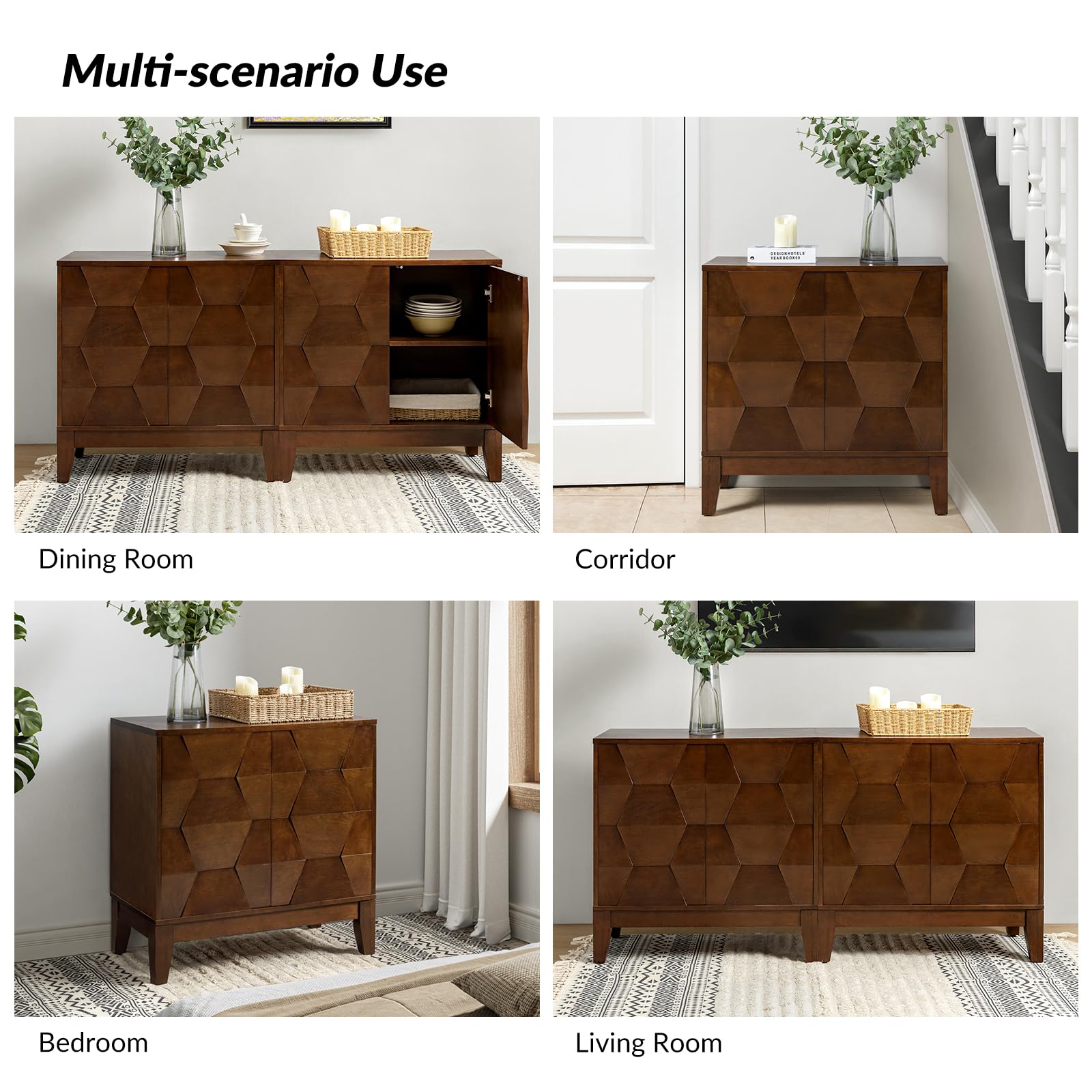 HULALA HOME Modern Buffet Cabinet Kitchen Storage Cabinet with 3D Geometric Design, Free Standing Sideboard Solid Wood Legs Adjustable Shelf, Walnut Accent Cabinet for Living Room Dining Room - WoodArtSupply