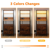 Furnulem Night Stand, Tall Nightstand with 4-Tier Shelves, 2 Fabric Drawers and Light Tube, Bed Side Tables with Charging Station, Bedside Table for Bedroom, Office, Rustic Brown Furnulem