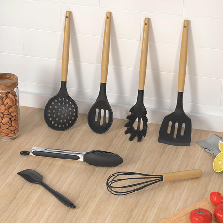 Silicone Cooking Utensils Kitchen Utensil Set - 446°F Heat Resistant Silicone Kitchen Utensils Set, Spatula,Turner Tongs, Spoon, Brush, Whisk,Kitchen Gadgets for Nonstick Cookware, BPA Free (Gray) oannao
