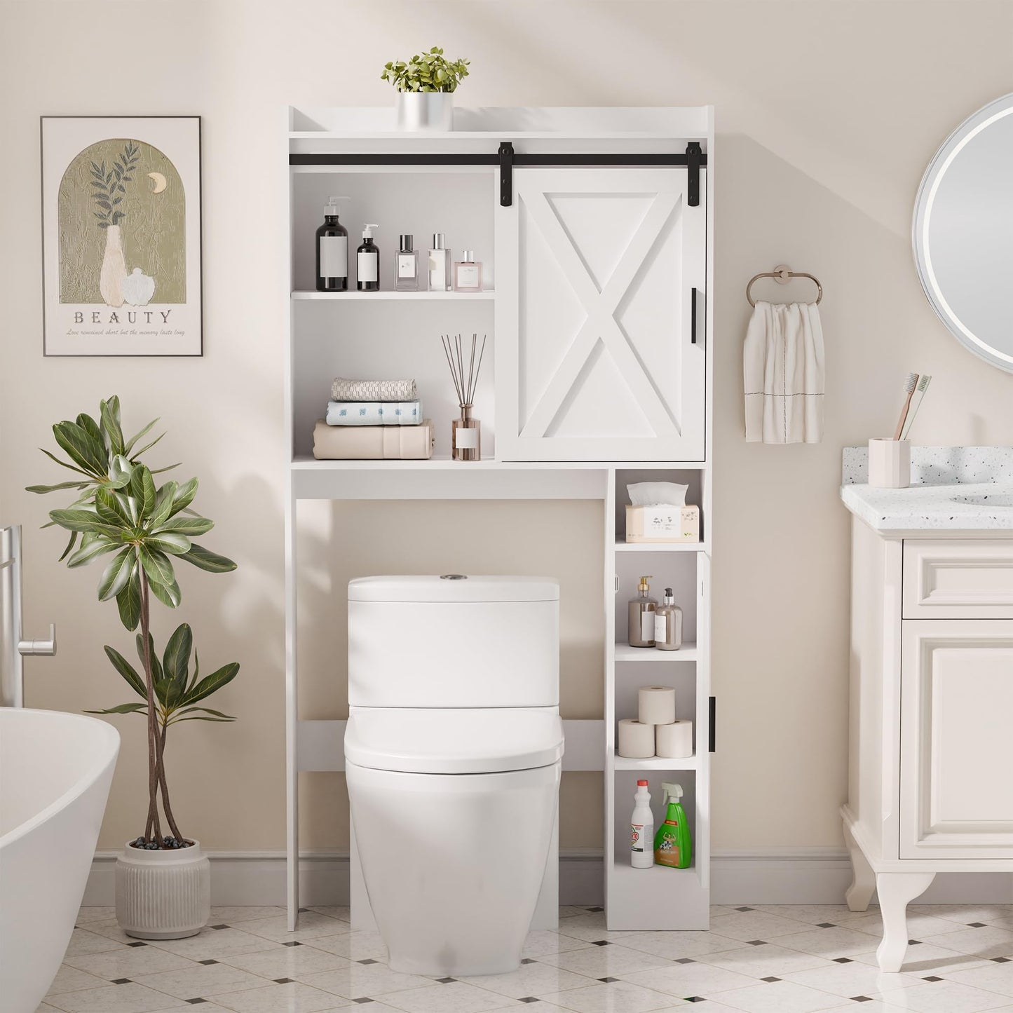 MU Over The Toilet Storage Cabinet with Sliding Barn Door, Freestanding Bathroom Over Toilet Storage with Side Shelves, Behind Toilet Storage Cabinet, White