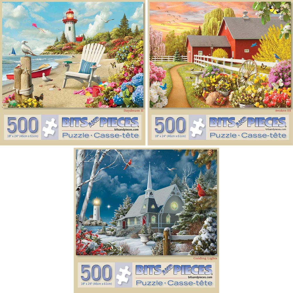 Bits and Pieces – Value Set of Three 500 Piece Jigsaw Puzzles for Adults – Awaken, Guiding Lights, and Daydream Jigsaw Puzzles by Artist Alan Giana, Completed Puzzle Size: 18" x 24" Bits and Pieces