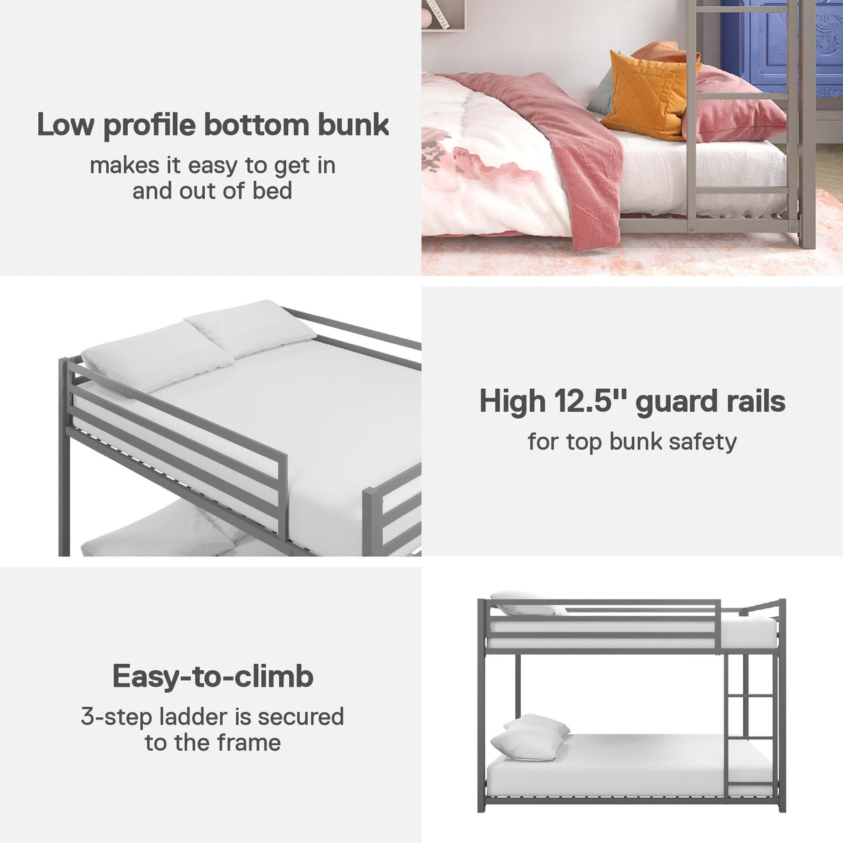 DHP Miles Low Metal Bunk Bed Frame for Kids, With Built-in Ladder, High Guardrail and Metal Slats, Floor Bed Bottom Bunk, No Boxspring Required, For Small Spaces, Full-Over-Full, Silver DHP