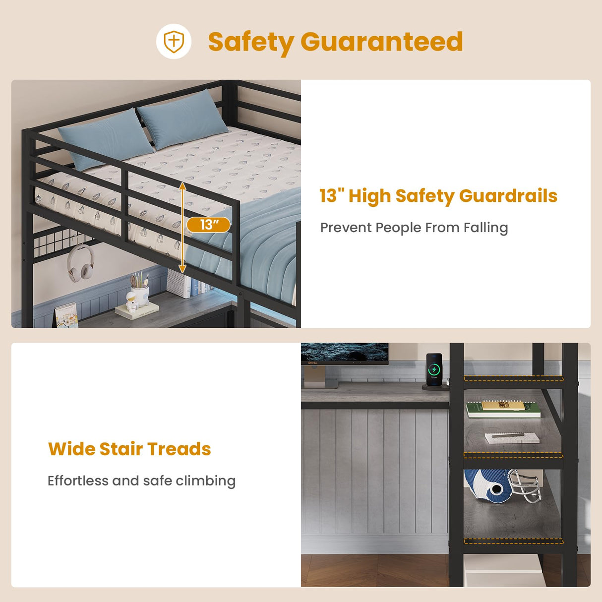 ADORNEVE Loft Bed Full Size with U-Shaped Desk, 6 Storage Drawers, Power Outlet, LED Metal Loft Bed with 2 Storage Shelves, Bed with Safety Guardrail & Ladders, No Box Spring Needed, Grey ADORNEVE