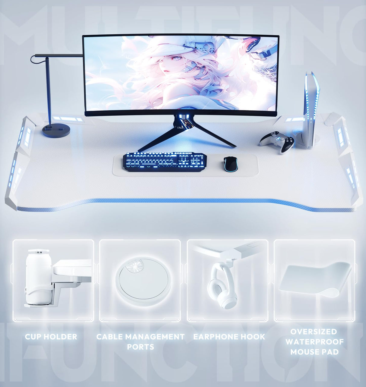 Dowinx Gaming Desk with LED Lights, RGB Gaming Computer Table with Carbon Fibre Surface, LED Home Office Desk with Remote Control, Pc Workstation with Cup Holder and Headphone Hook, 63 Inch, White Dowinx