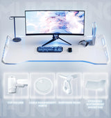 Dowinx Gaming Desk with LED Lights, RGB Gaming Computer Table with Carbon Fibre Surface, LED Home Office Desk with Remote Control, Pc Workstation with Cup Holder and Headphone Hook, 63 Inch, White Dowinx