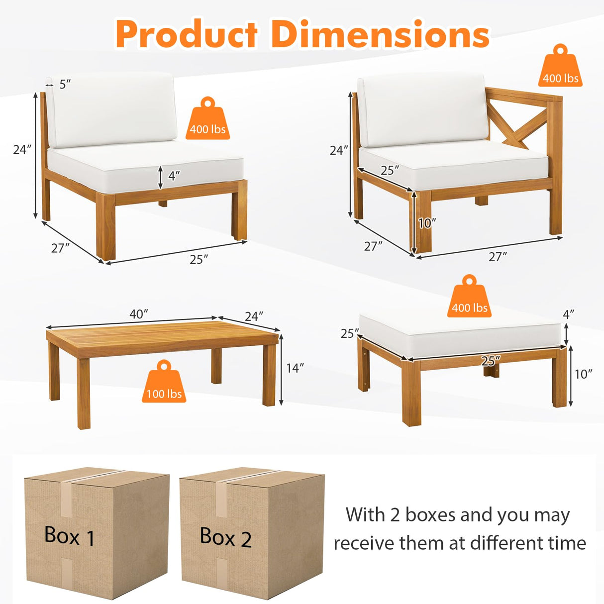 Tangkula 5 Piece Outdoor Conversation Furniture Set, Acacia Wood Sectional Sofa Set with 3 Chairs, 1 Ottoman & 1 Coffee Table, Patio Cushioned Sofa Set for Porch, Yard, Poolside (Off White) Tangkula