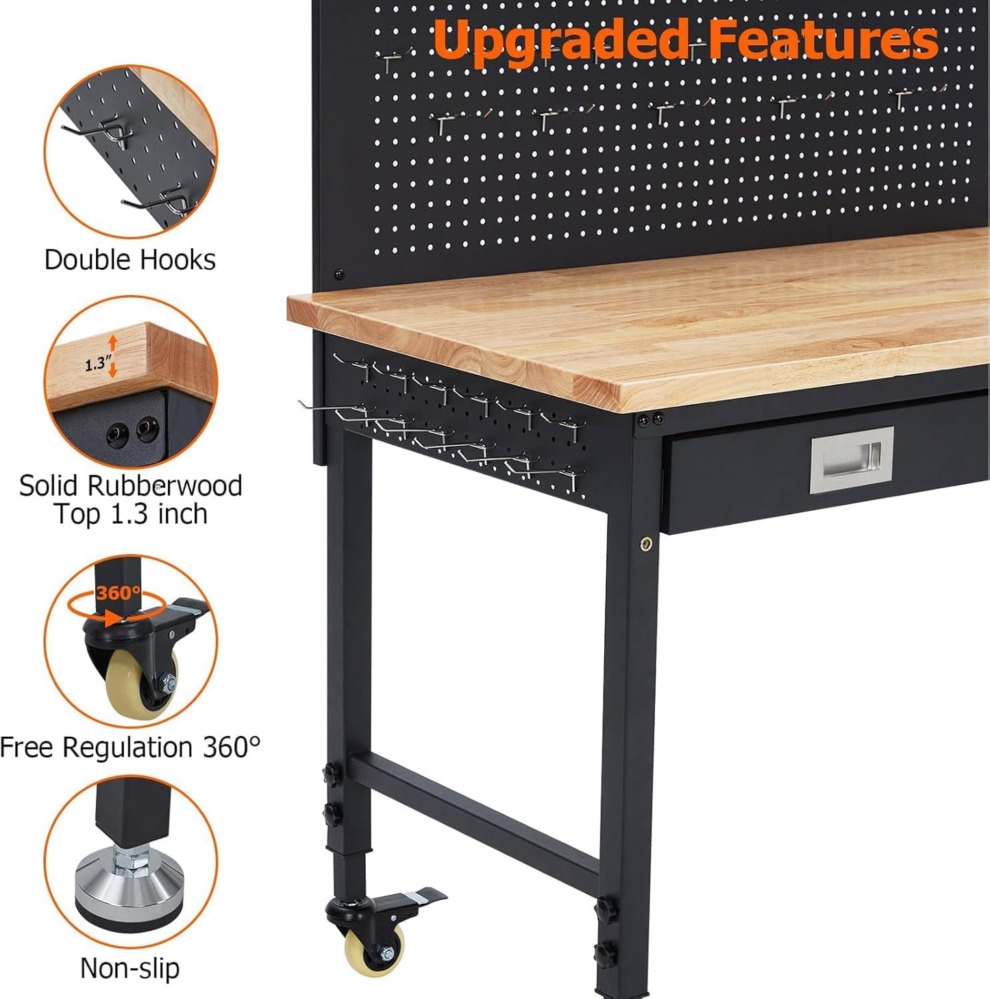 Workbench 48 x 24 Adjustable Height Worktable, Heavy Duty Rubber Wood Top, 2000 LBS Load Capacity, Tool Storage Workstation with Drawer, Pegboard, Power Outlets & Lockable Wheels, with Drawer Back