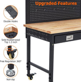 Workbench 48 x 24 Adjustable Height Worktable, Heavy Duty Rubber Wood Top, 2000 LBS Load Capacity, Tool Storage Workstation with Drawer, Pegboard, Power Outlets & Lockable Wheels, with Drawer Back IDEALHOUSE