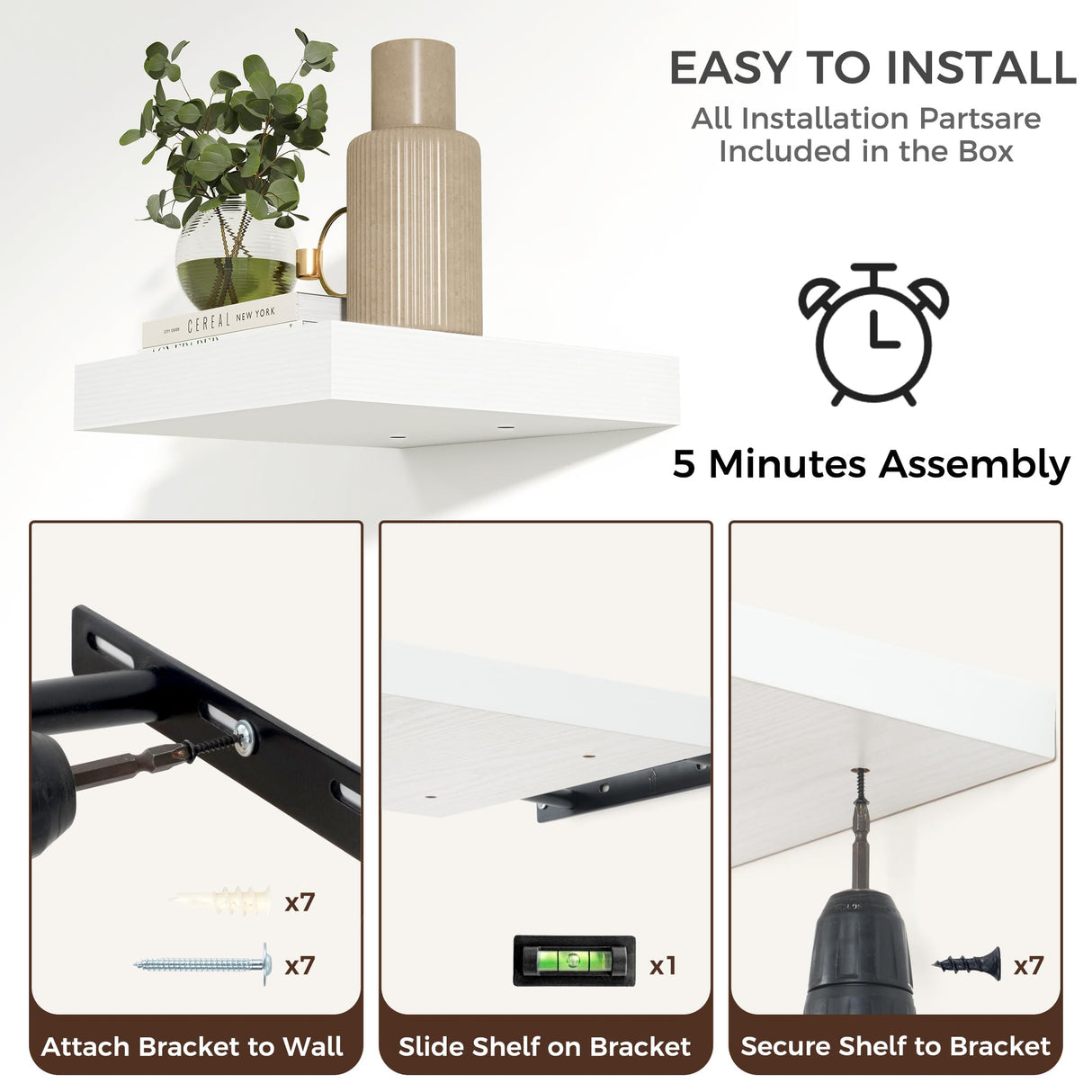 Square Floating Shelves for Wall, 8"W x 8"D x 1.3"H, 3 Pack of Small Wall Mounted Engineered Wood Shelves with Invisible Brackets for Living Room, Bedroom, Bathroom, Kitchen Decor and Storage, White Venusmiles