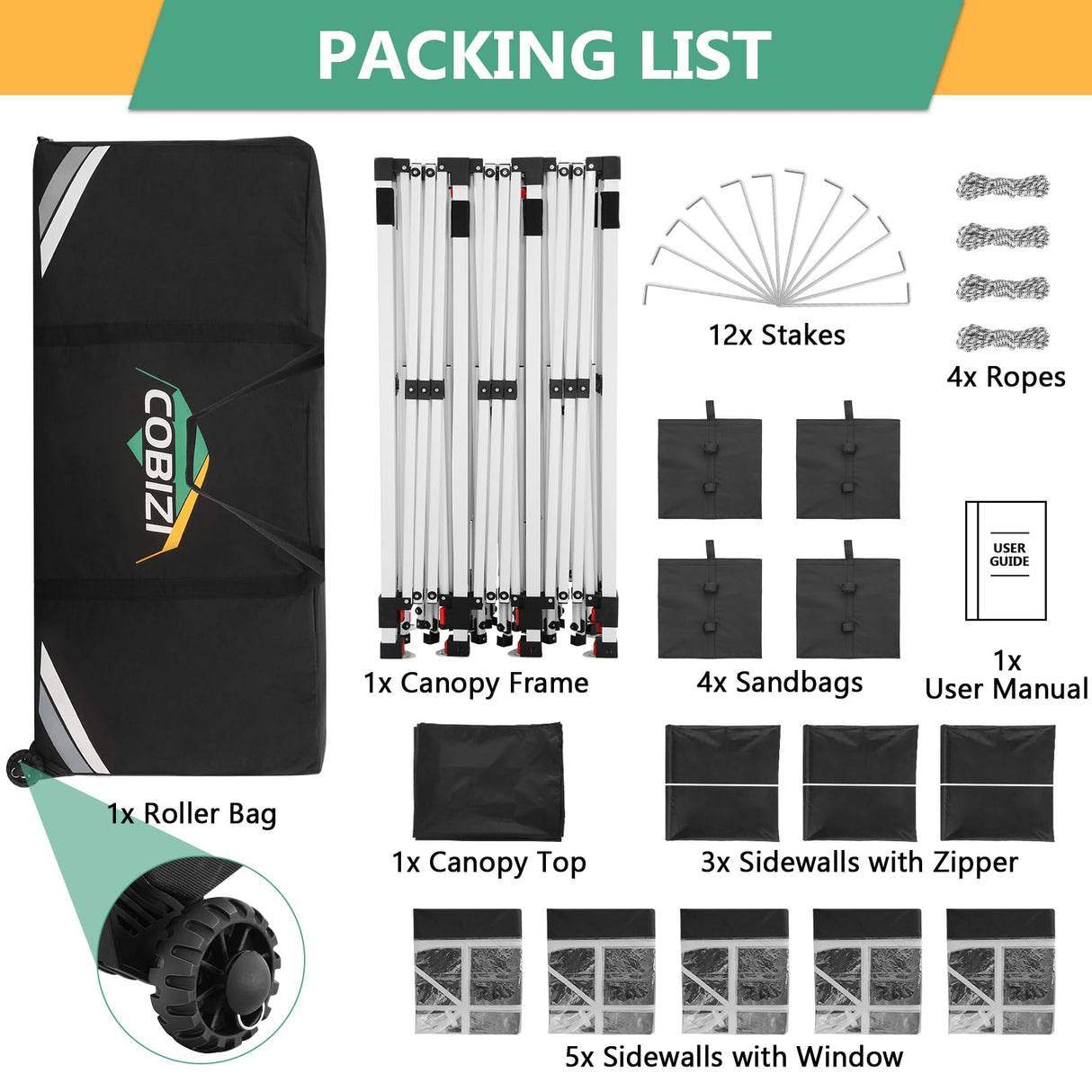 COBIZI 10x30 Pop Up Canopy Tent with 8 Removable Sidewalls Ez Pop Up Party Tent 10x30 Waterproof Instant Shelter UPF50+ Outdoor Canopy Tent for Parties Wedding Events,with Roller Bag&4 Sandbags,Black COBIZI