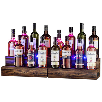 TIRYIUOU LED Lighted Bottle Display Shelf, 2 Pack Bar Shelf, Tabletop Wine Rack, Coffee Syrup Organizer, Home Bar Stand for Liquor Bottles, Mini Bar