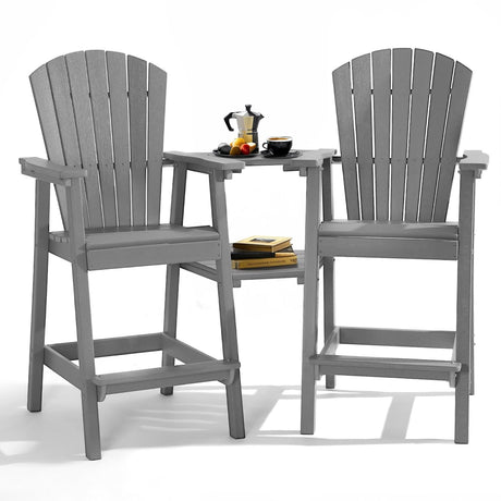 Tall Adirondack Chair Set of 2 with Removable Double Connecting Trays, Recycled HDPE with Wood Grain, Weather Resistant, Outdoor Adirondack Barstools for Deck, Balcony, Patio, Backyard, Light Gray PASAMIC