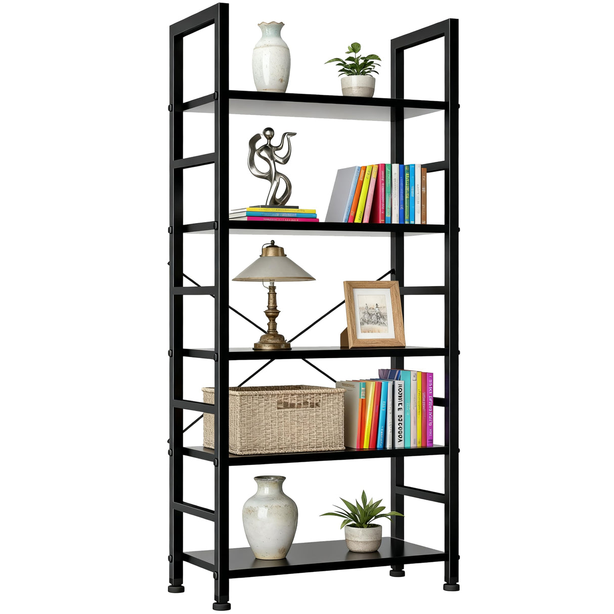 SageNest 5-Tier Bookshelf, Free Standing Wooden Bookcase with Open Storage Shelves with Metal Frame, Sturdy Shelf Organization Display Rack for Living Room, Bedroom, Home Office, 62.2" Tall, Black SageNest
