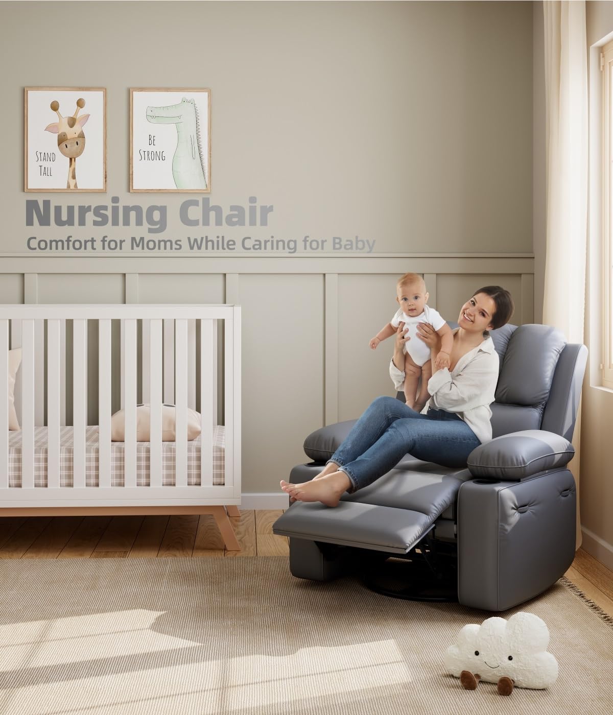 Oversized Power Recliner Chairs with Massage and Heat - 360° Swivel Faux Leather Rocking Chair for Adults with Cup Holder for Living Rooms, Bedrooms, and Nurseries - Grey GarveeHome