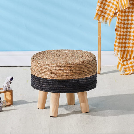 Cpintltr Ottoman Natural Seagrass Footrest Poufs Hand Weave Round Foot Stool for Couch Desk Soft Step Stool Padded Foot Rest with Pine Legs for Living Room Bedroom Natural/Black Cpintltr