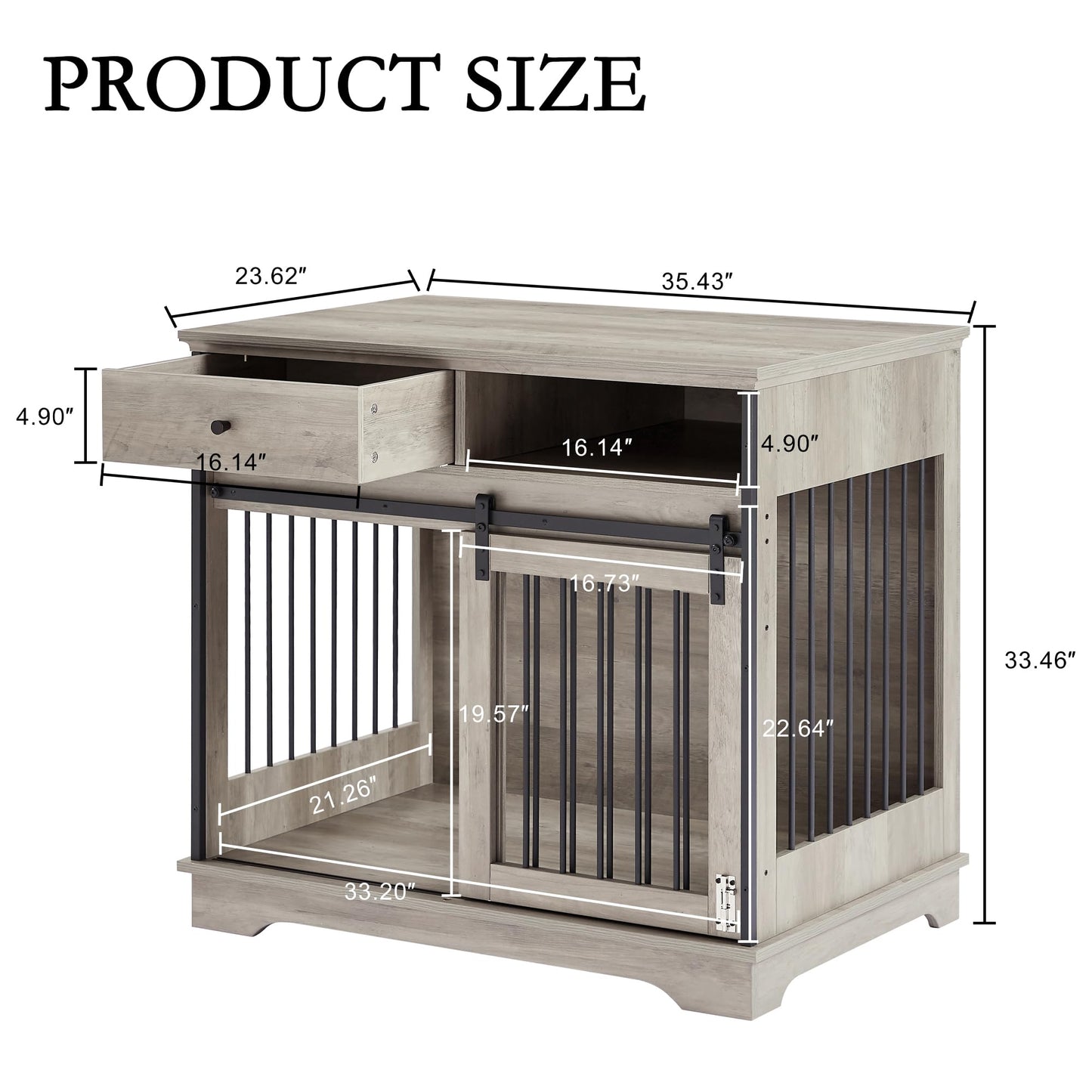 35.4 Inch Furniture Style Dog Crate with Sliding Barn Door and Storage Drawers, Wooden Dog Cage Furniture End Side Table, Chew-Resistant, Grey, 35.4" W x 23.6" D x 33.5" H